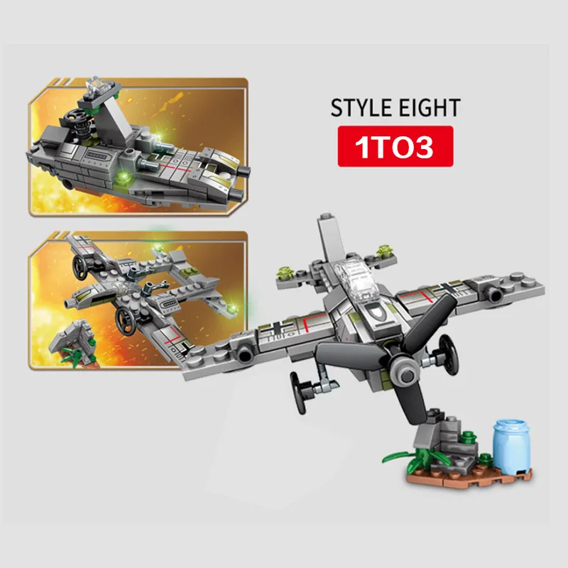 

8 in 2 Military Tank War Chariot Block Set 3 in 1 WW2 Army Truck Plane Ship Vehicle Building Brick Toy Gift For Boy Kids