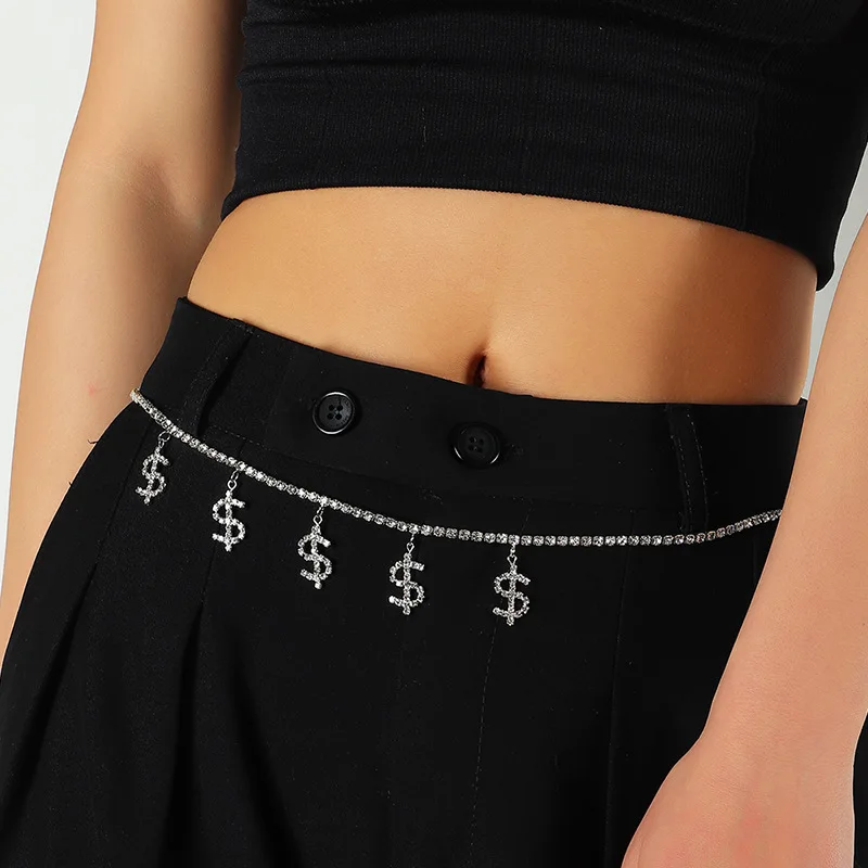 

SRCOI Bling Dollar Sign Charms Rhinestone Belly Chain For Women Money Waist Chain Body Jewelry Adjustable Belt Chain Accessory