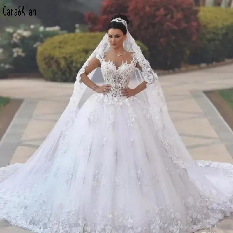 

Luxury Princess Ball Gown Wedding Dresses Backless vestido de noiva de renda 3D Floral Lace Applique Arbric Bridal Gowns