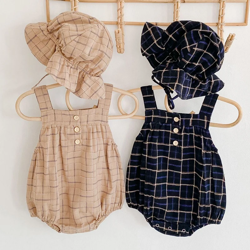 

New 2020 Autumn Winter Newborn Infant Baby Boys Girls Grid Rompers And Hat Clothing Kids Boys Girls Rompers Clothes