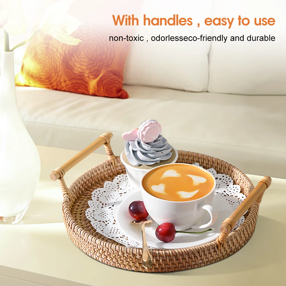 

Rattan Handwoven Round High Wall Severing Tray Food Storage Platters Plate Over Handles For Breakfast Drink Snack For Coffee Tea