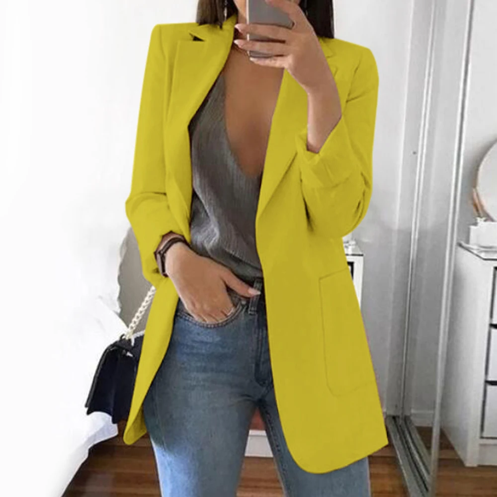 

New Women Slim Casual Solid Blazer Long Elegant Business Blazers Coat Ladies Spring Autumn Suit Cotton