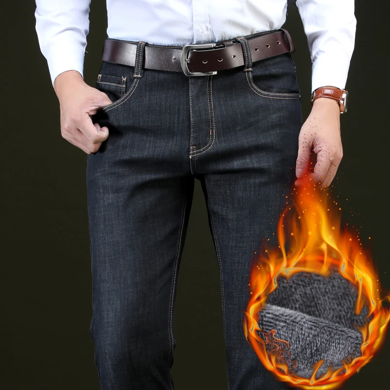 Мужские теплые черные джинсы в классическом стиле повседневные Стрейчевые