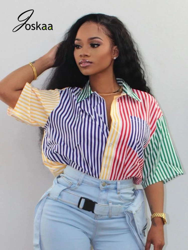 

Joskaa Summer Shirt Striped Short Sleeve 2021 Clothing For Women New Loose Top Button Casual Blouses Contrast Shirts
