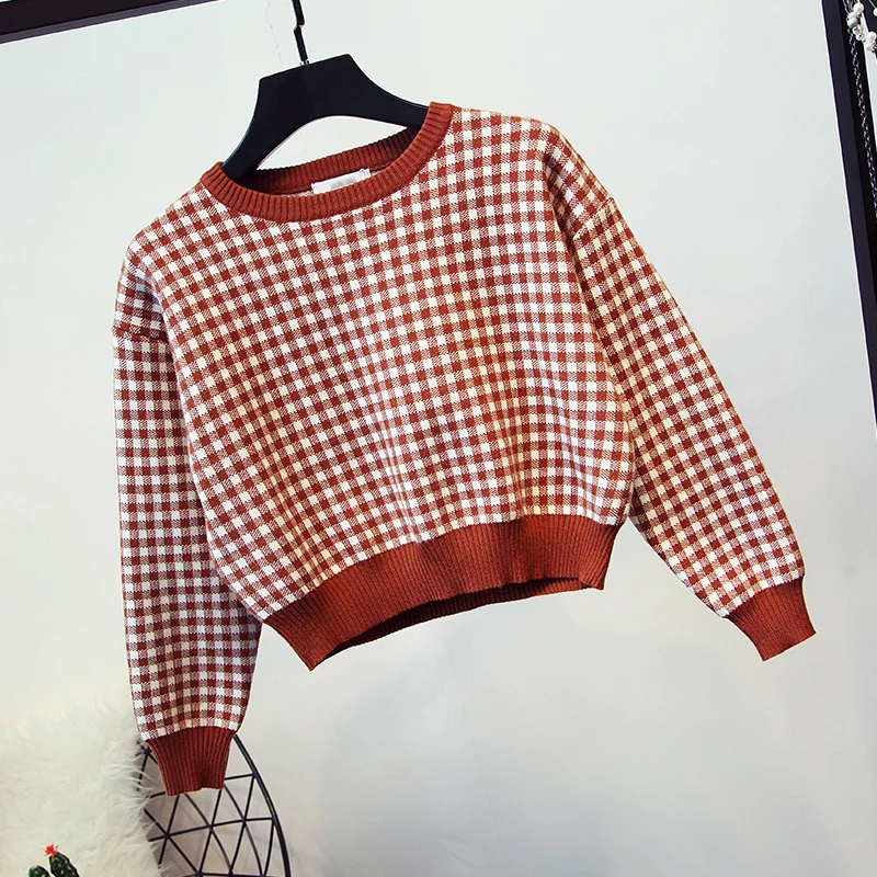 2019 осенние женские вязаный кардиган в клетку комплект со свитером короткий