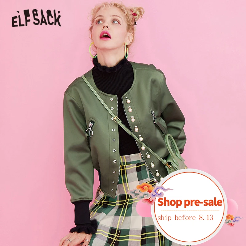 ELFSACK Ретро стиль вышитые расклешенные атласные женские куртки осень 2019 зеленая