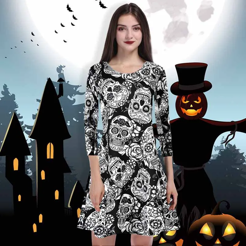 

2020 Women's Retro Dress Round Neck Long Sleeve Halloween Style Print Slim Swing Black Dress #4