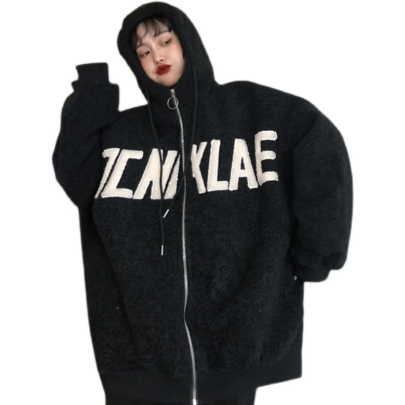 

Hooded Cardigan Lamb Wool Sweatshirt Coat for Women Plus