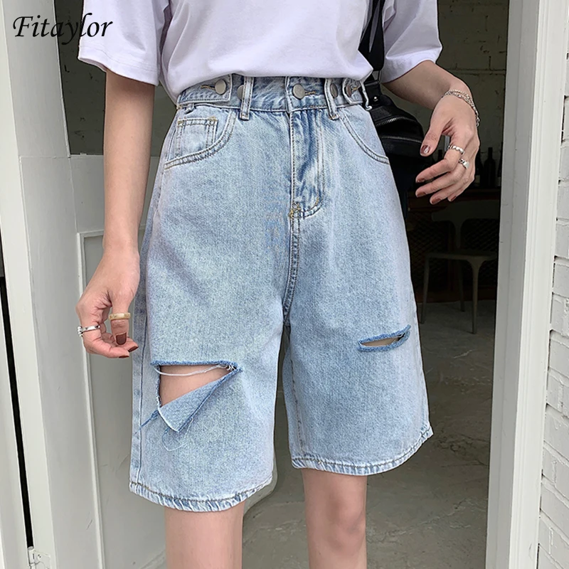 

Fitaylor High Waist Summer Women Streetwear Retro Loose Denim Shorts Vintage Female Wide Leg Hole Button Ladies Jeans Shorts