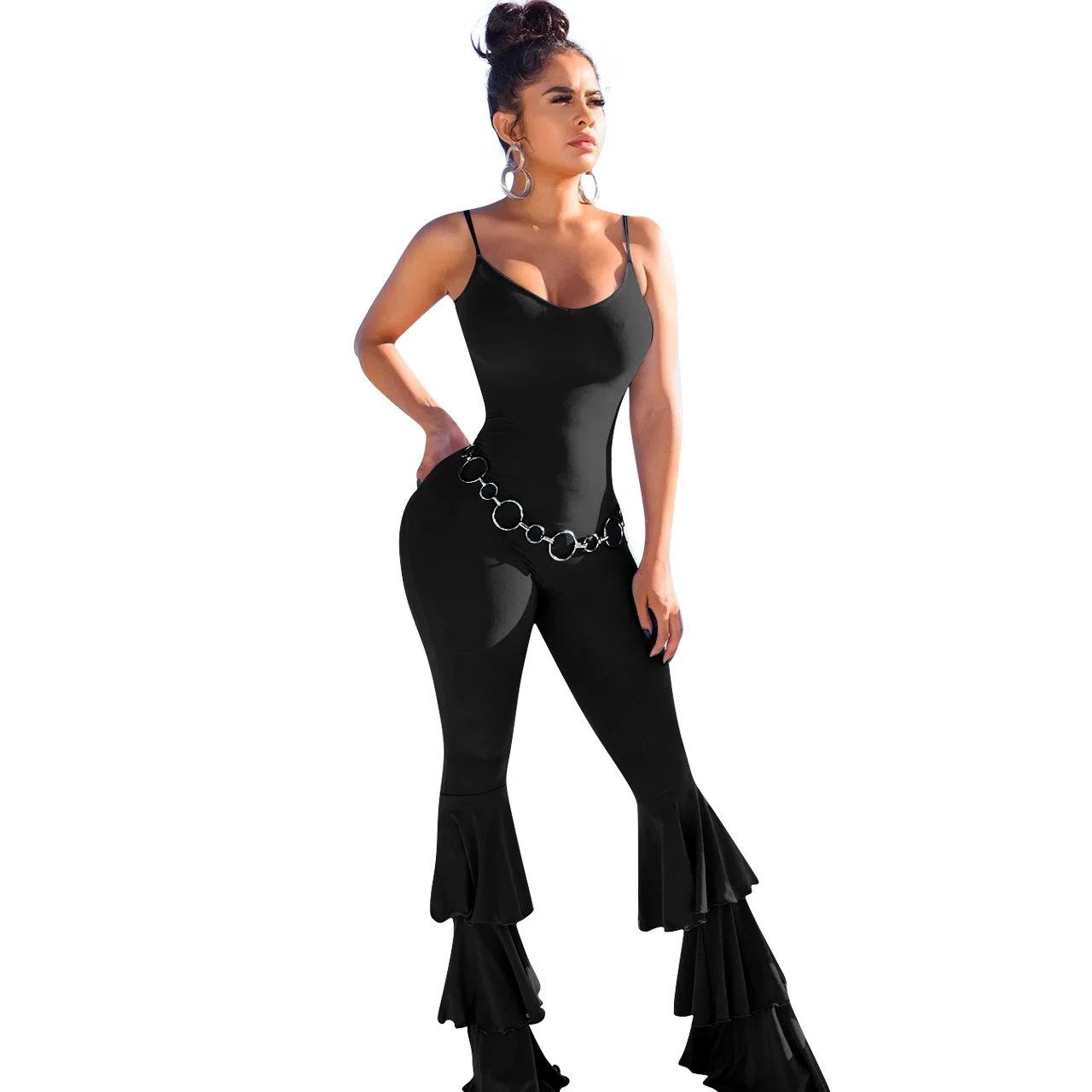 Комбинезон с расклешенными штанинами на тонких бретельках женские сексуальные