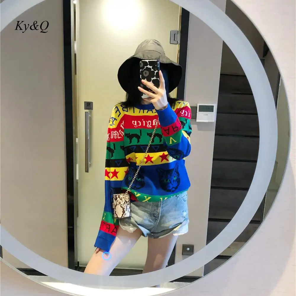 Женский пуловер в радужную полоску модный жаккардовый свитер с круглым вырезом и