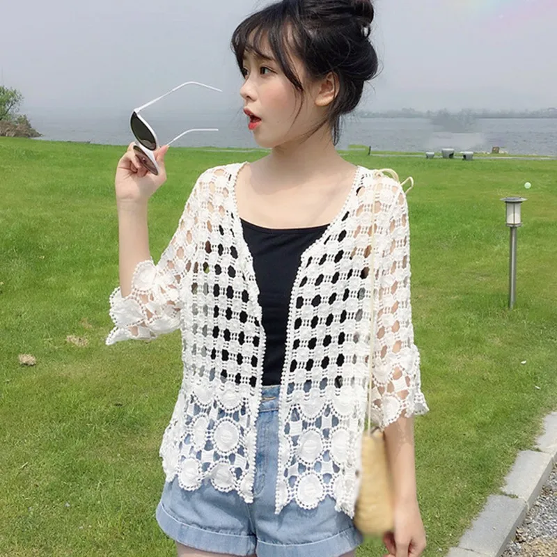 

Summer Korean Style Fresh Hook Flower Hollow Lace Short Style Loose Cardigan Top Shirt