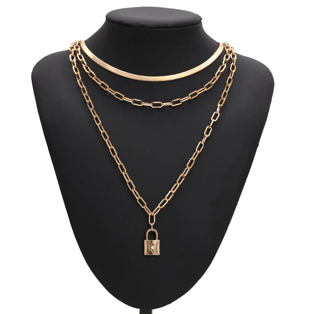 

New Arrival Exaggerated Multilayer Chain Lock Pendent Necklace Chunky Thick Link Punk Choker Necklace for Women Jewelry Gift