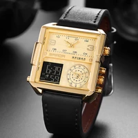 mens electronic multifunction leather watch style square dial luminous waterproof quartz dual movement relogio masculino 6023
