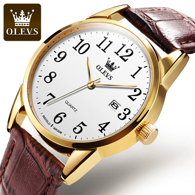 OLEVS 2022 New Fashion Brown Leather Quartz Watch Top Brand Luxury Full Gold Frame Luminous Hands Waterproof Couple Watch 5566
