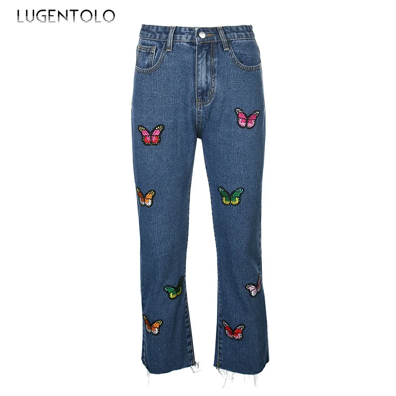 

Lugentolo Fashion Women's Jeans Girly Style High-Waist Straight Butterfly Embroidered Simple Casual Street Long Jeans