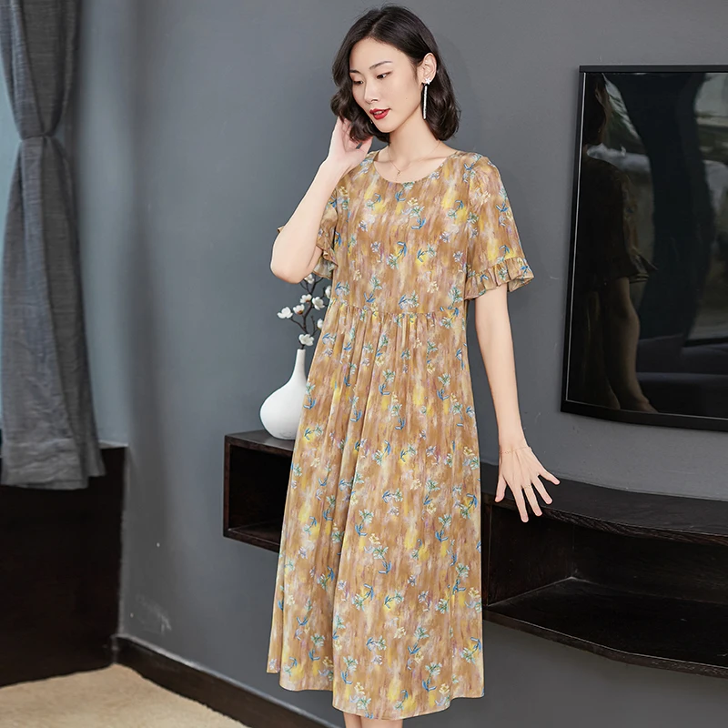 AYUSNUE женское Летнее шелковое платье пляжное миди с цветочным рисунком модные
