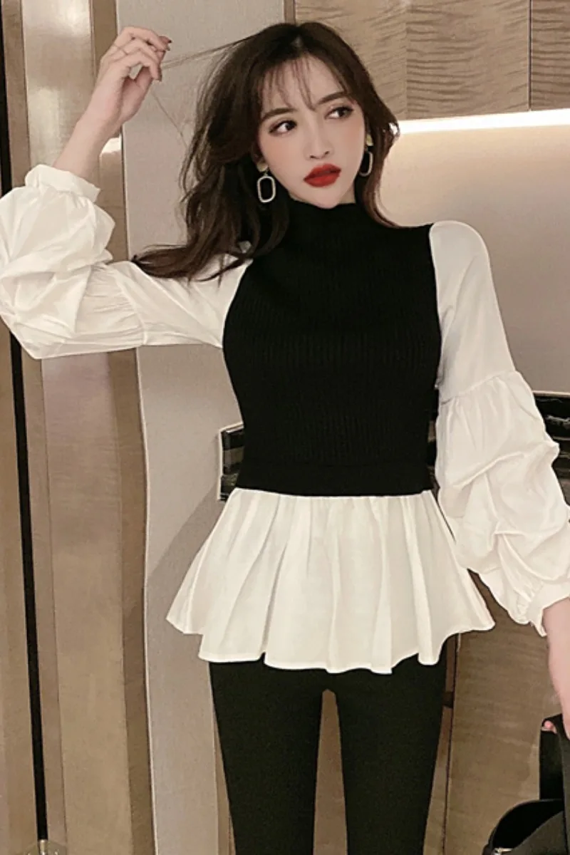 

ZCSMLL 2002 New Autumn Spring Stand Collar Blouses Split Joint Knitting Puff Sleeve Pleated Korean Fashion Women Shirt TM1466