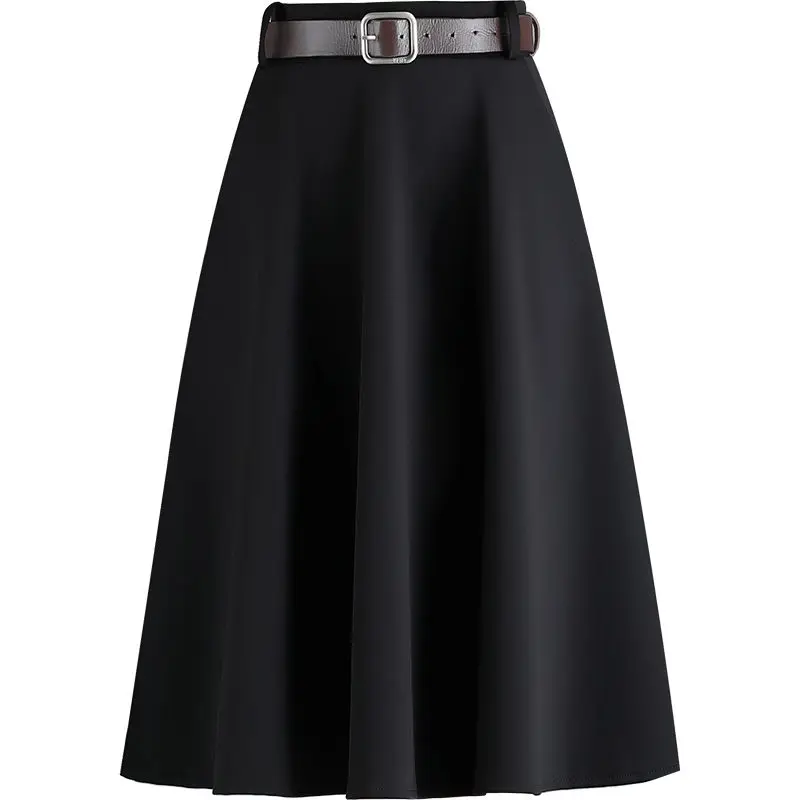 A-line Fashion Skirt Spring Autumn New Slim Belt Black High Waist Umbrella Skirts Women Elegant Jupe Femme With Lining K1253 | Женская