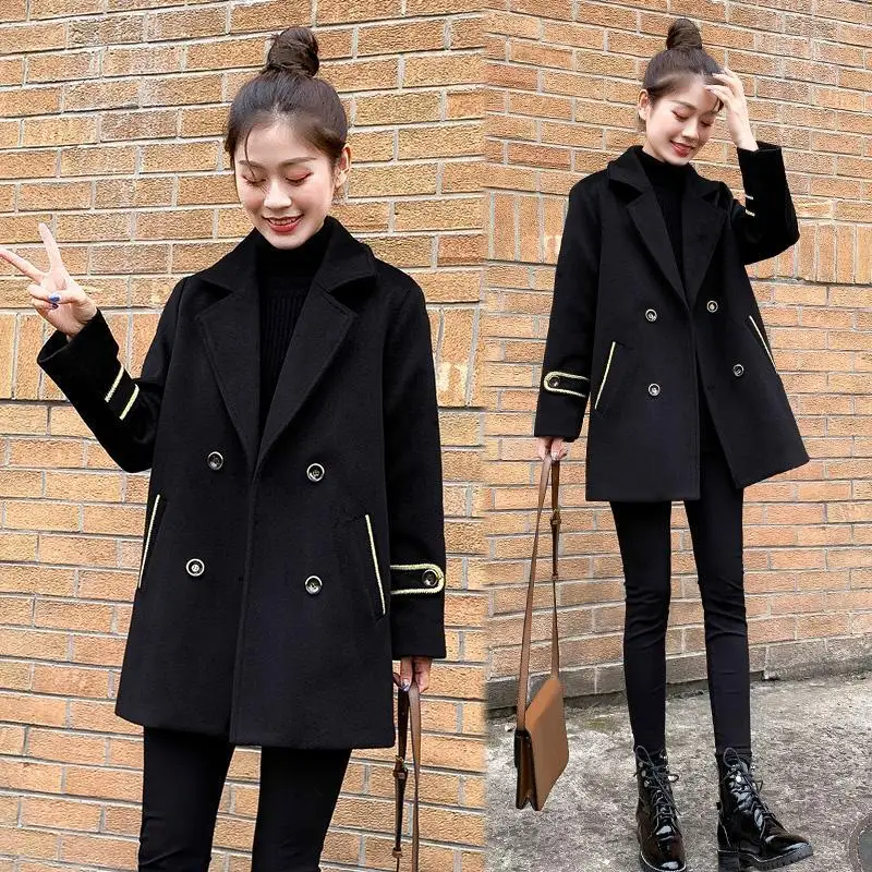 

2020 autumn and winter new small double breasted double breasted thick suit collar woolen coat women's middle long woolen coat