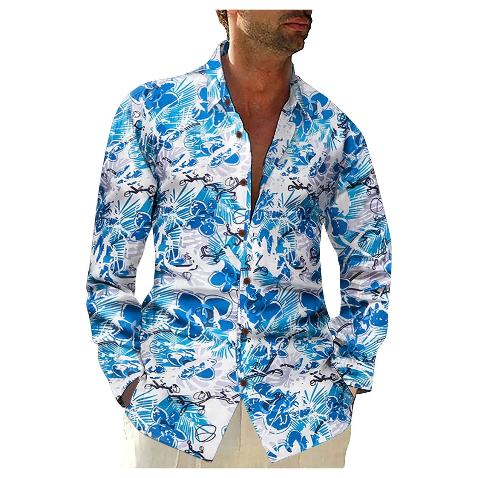 

New Men's Shirts Hawaii Beach Style Plant Printed Shirts For Men Spring Summer Outwear Button Up Long Sleeve Shirts ropa hombre