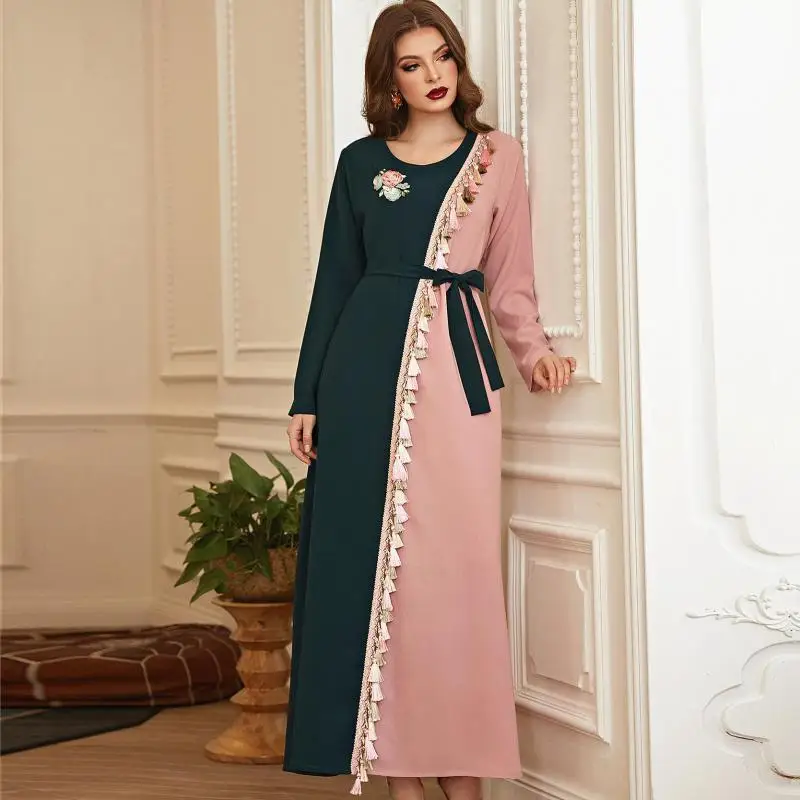 

Beautiful Retro Green Powder Hit Color Tassels Handmade Flowers Rhinestones Long-sleeved Muslim Long Skirt Women's Clothing Robe