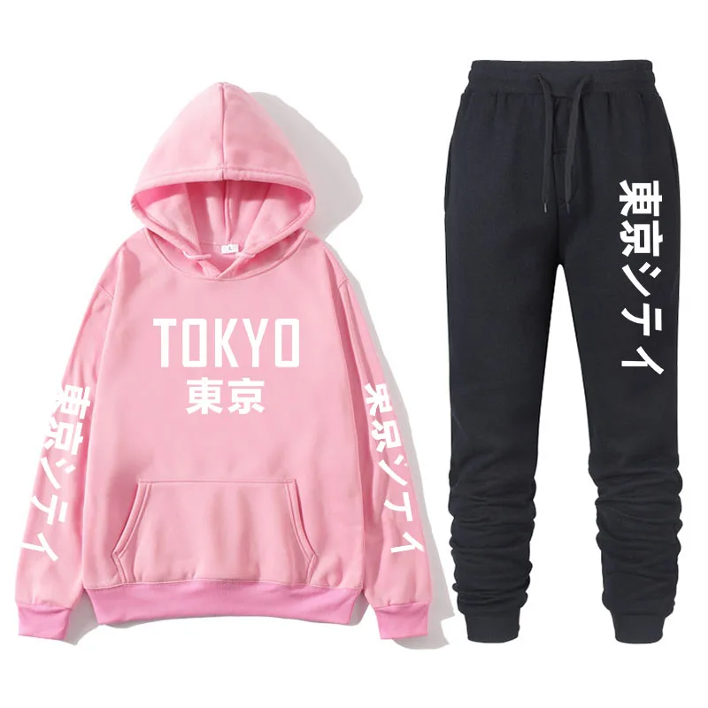 Япония Харадзюку комплект с капюшоном+ брюки с принтом "Столичный город", мужская голова, костюм для косплея, Толстовка для мужчин/женщин, осень и зима, H - Цвет: Pink