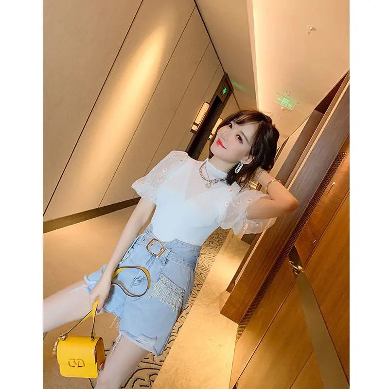 

Women 2021 Summer New Fashion 2 Piece Sets Female Mesh Floral Embroidery Knitted Tops Ladies Loose Denim Shorts Suits K137