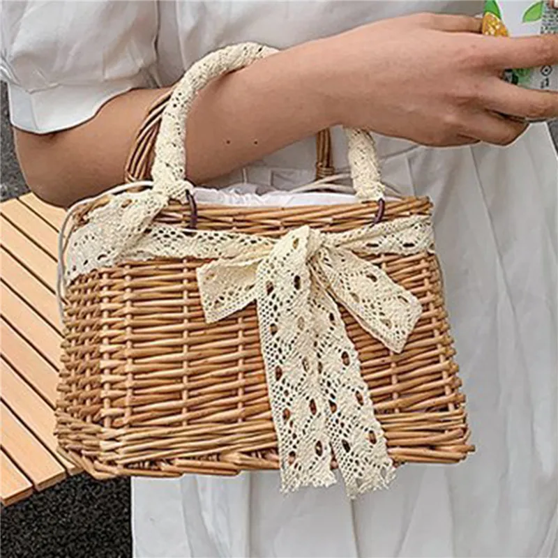 

Straw Bags For Women Beach Handbag Travel Female Shoulder Bag Casual Tote Square Woven Summer Pearl Chain Handmade Rattan