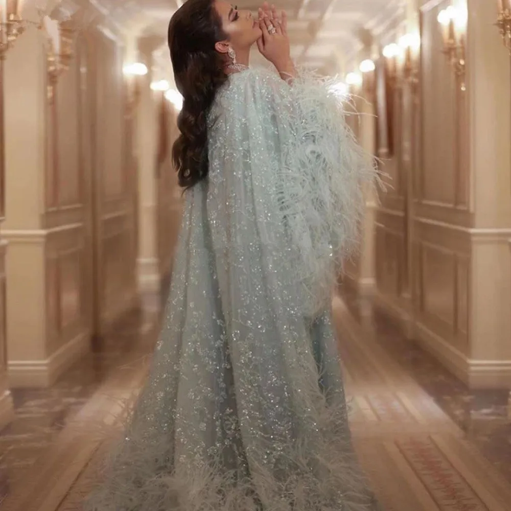 

Luxury Sequined Muslim Evening Dresses with Cape Long Sleeve Lace Feathers Elegant Formal Prom Gowns vestido de novia