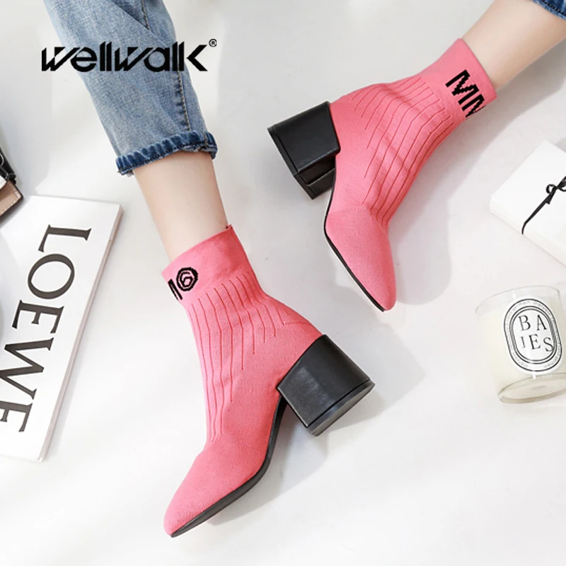 Wellwalk/ботинки с розовыми носками женские ботинки на блочном каблуке Стрейчевые