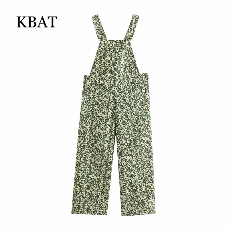 

KBAT Women Green Print Jumpsuit Bib Overalls Sleevless Wide Straps Loose Dungarees Feminine Chic Buttoned Autumn Rompers