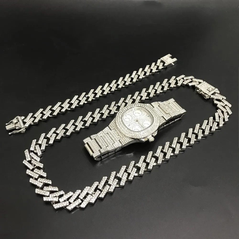 

Luxury Men Silver Color Watch & Neckalce & Braclete Combo Set Ice Out Cuban Jewerly Crystal Miami Neckalce Chain Hip Hop For Men