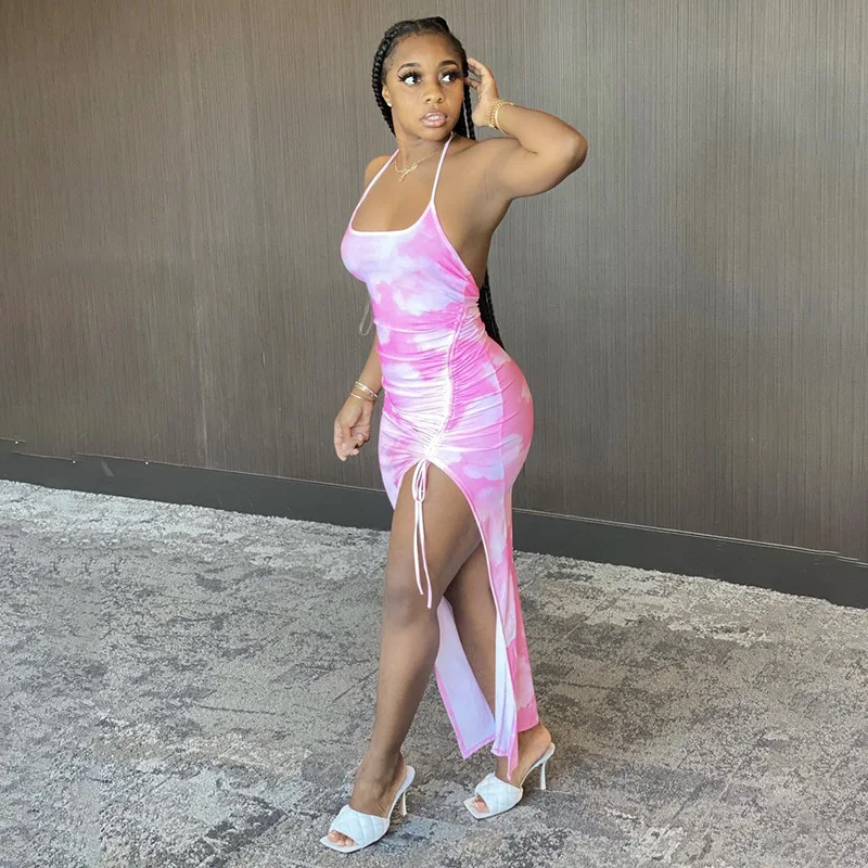 

Women's Dress Sexy Slim Print Split Pleated Drawstring Halter Neck Summer New Unique Design Party Vestidos