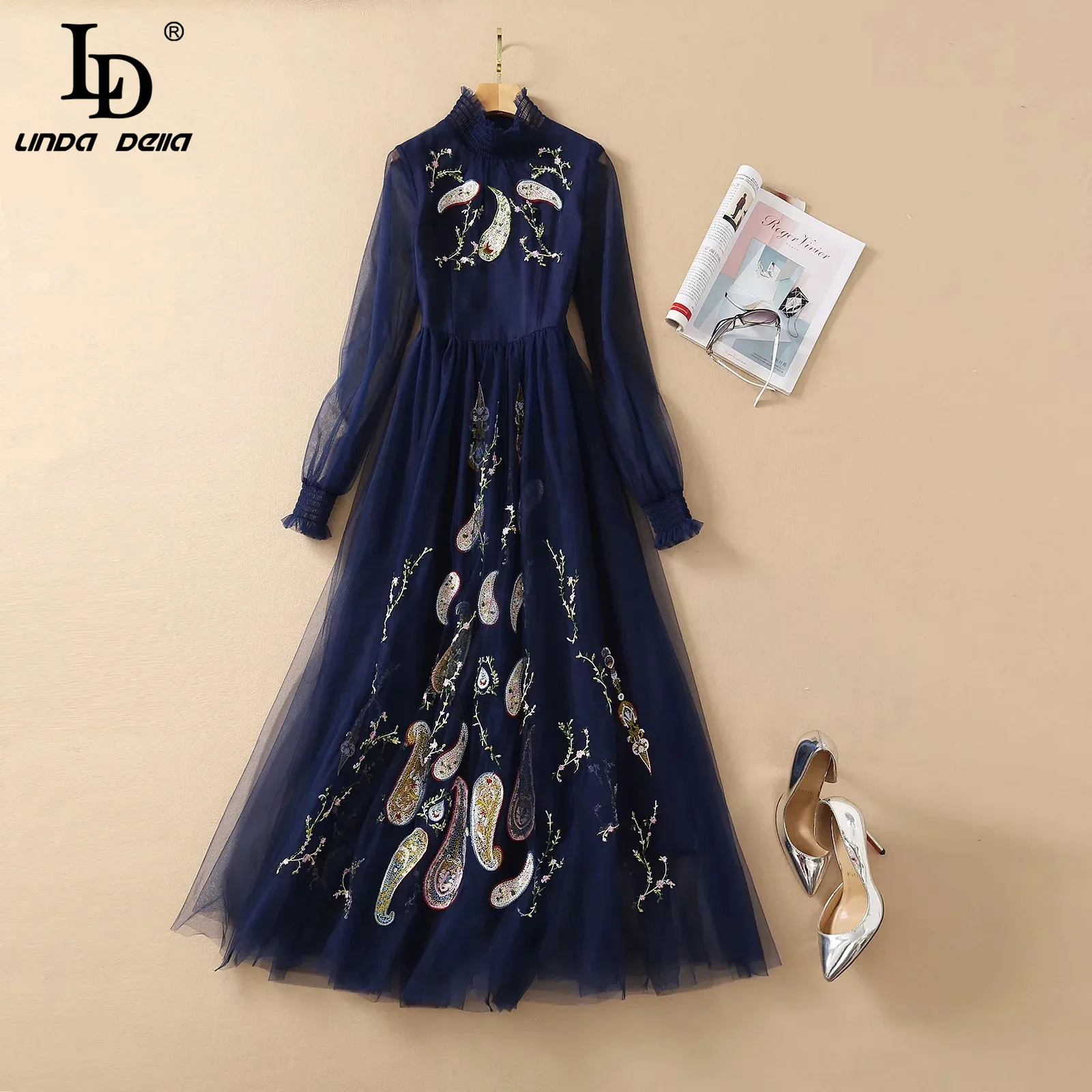 

LD LINDA DELLA New 2021 Summer Fashion Designer Mesh Long Dress Women Lantern Sleeve Floral Embroidery Vintage Party Dresses