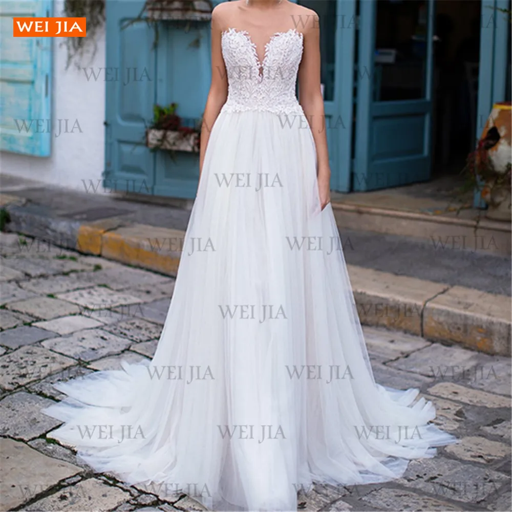 

Белое свадебное платье 2021, богемное свадебное платье, ТРАПЕЦИЕВИДНОЕ Тюлевое кружевное платье с аппликацией, индивидуальный пошив, без рук...