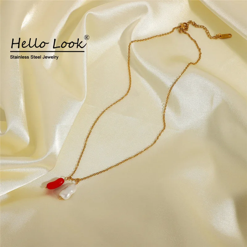 

Hellolook Freshwater Pearl Necklace for Women 18K Gold Plated Stainless Steel Chain Red Coral Necklace Jewelry