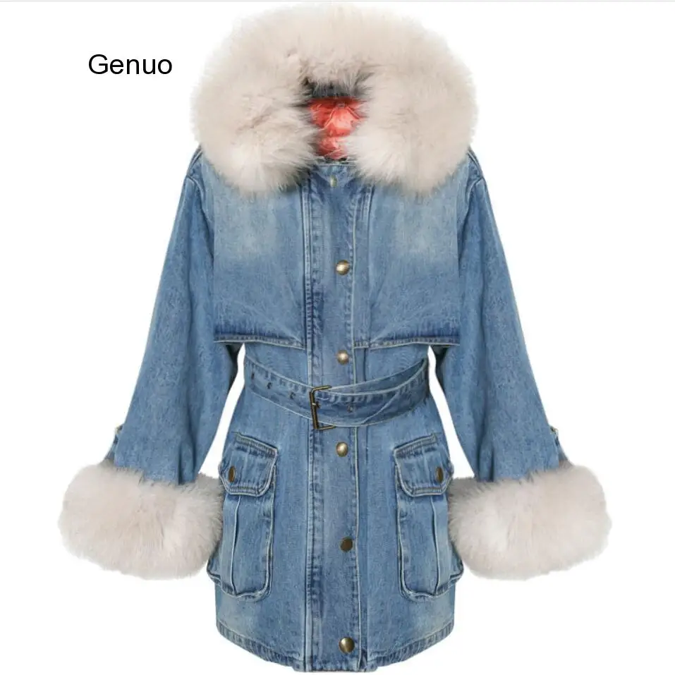 Парка из лисьего меха зимняя джинсовая ветровка куртка длинное пальто с