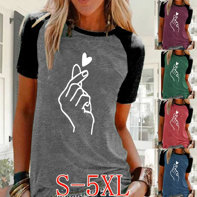 

Women's Hand Heart Printed Round Neck Comfortable Sports T-shirt Plus Size Casual Short Sleeve Tops Blouse