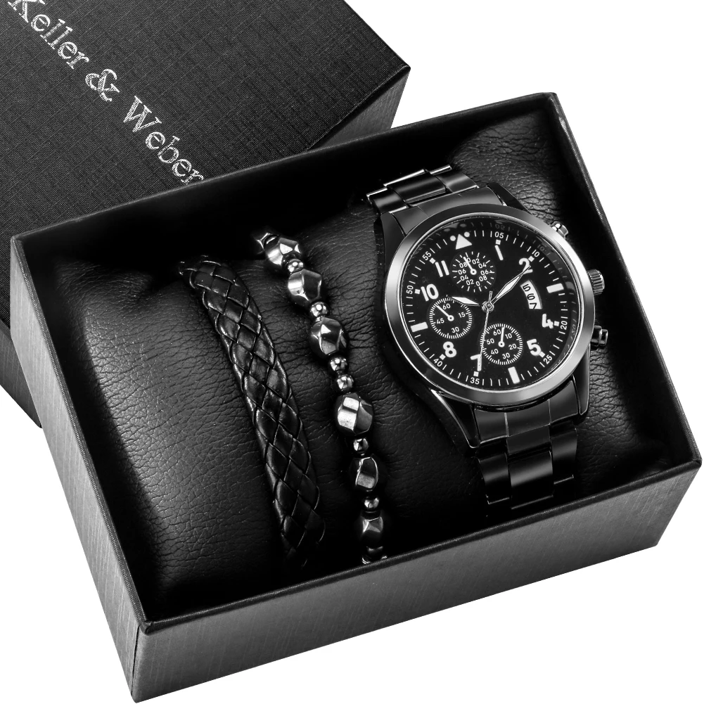 

Male Calendar Watch Classic Black Watch Gift Box Quartz Numerals Dial Clock Men's Hand Bracelets Birthday Present for Father Dad