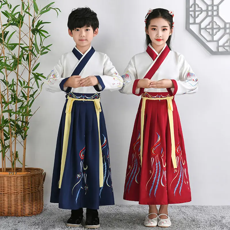 

Китайский костюм ханьфу для детей, топ и юбка для мальчиков и девочек, костюмы для косплея