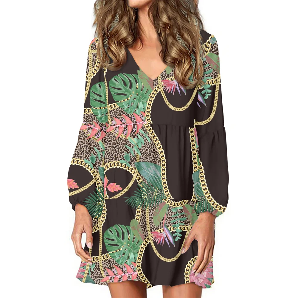 

High Quality Fashion Trendy Seamless Pattern With Rose Flowers Dress Long Sleeve V-neck Evening Formal Daily Elegant Dress