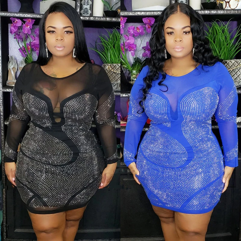 

Bling Rhinestone Plus Size Women Long Sleeve Dresses Sexy Party Female Pencil Mini Dress O-neck Casual XL-5XL Dresses