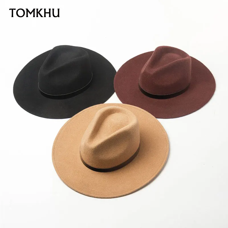 Classical Pure Wool Felt Hat For Female Wide Brim Fedora Hat Simple PU Leather Band Fall Winter Hat Black Derby Sombrero Mujer