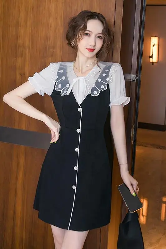 

COIGARSAM Patchwork Women dress Summer Peter pan Collar Dresses Black 0982