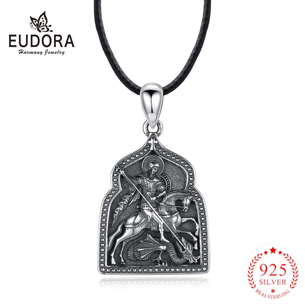 

EUDORA 100% Серебро 925 пробы винтажная православная подвеска с черным восковым кожаным шнуром/S925 цепь ювелирные изделия для мальчика подарок дру...