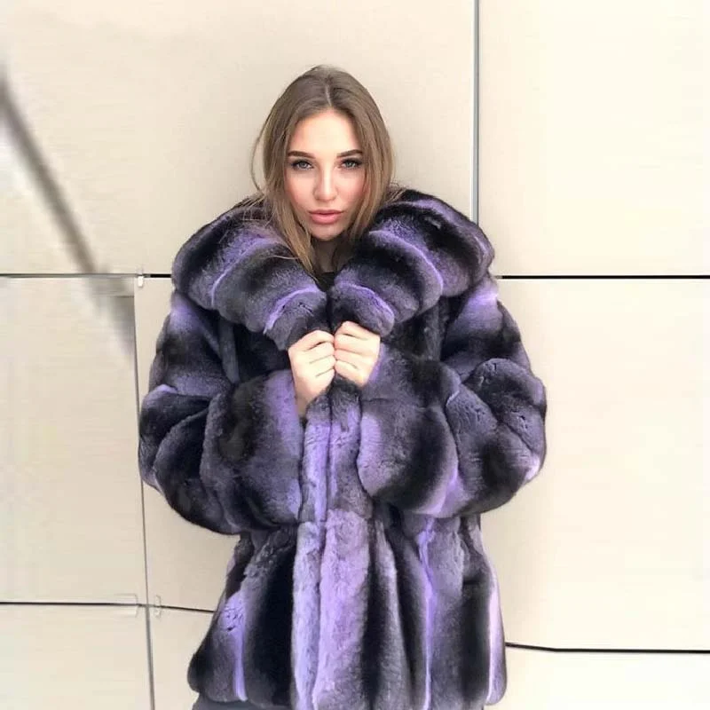 Fashion Purple Color Natural Rex Rabbit Fur Coat Medium Length Women Genuine Full Pelt Rex Rabbit Fur Jacket with Big Collar enlarge