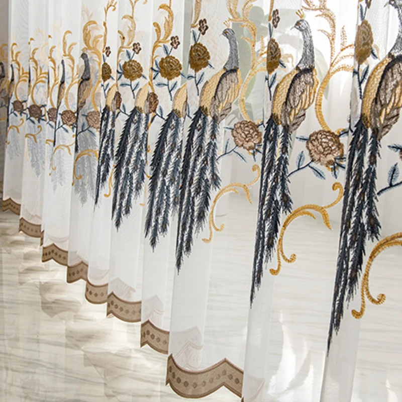 

Chinese Classical Peacock Embroidered Curtain for Living Room Sheer Velvet Bottom Drape Bedroom Tulle Fabric Window S391#D