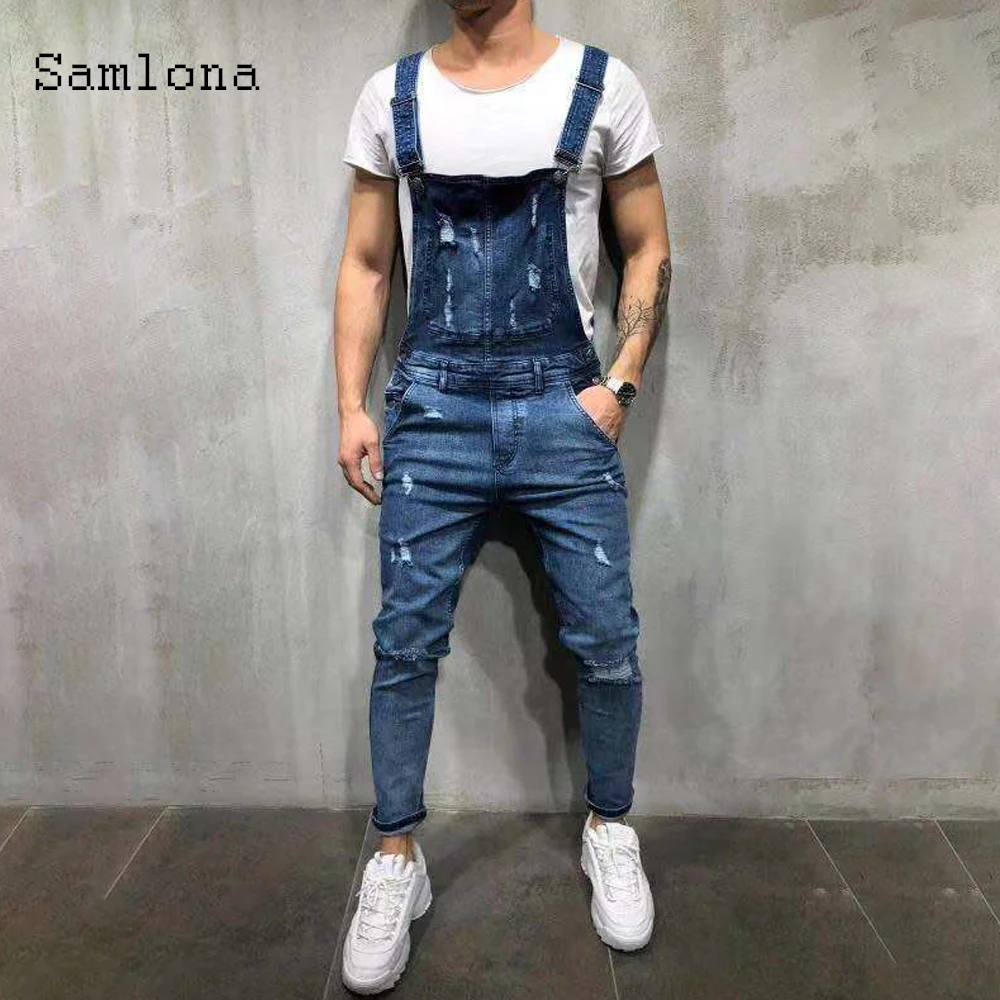 

Samlona Men's Jeans Casual Pockets Demin Overalls Skinny Pantalons Leisure Strappy Trousers Jeans Fashion 2020 Mens Garmenting