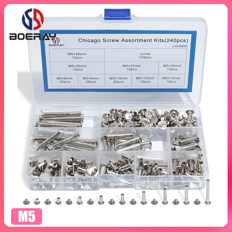 

240pcs Nickel Plated Chicago Screws Assortment Kits, Snap Rivet Books Butt Screw Kits, Photo Album Binding Screw Assort Kits